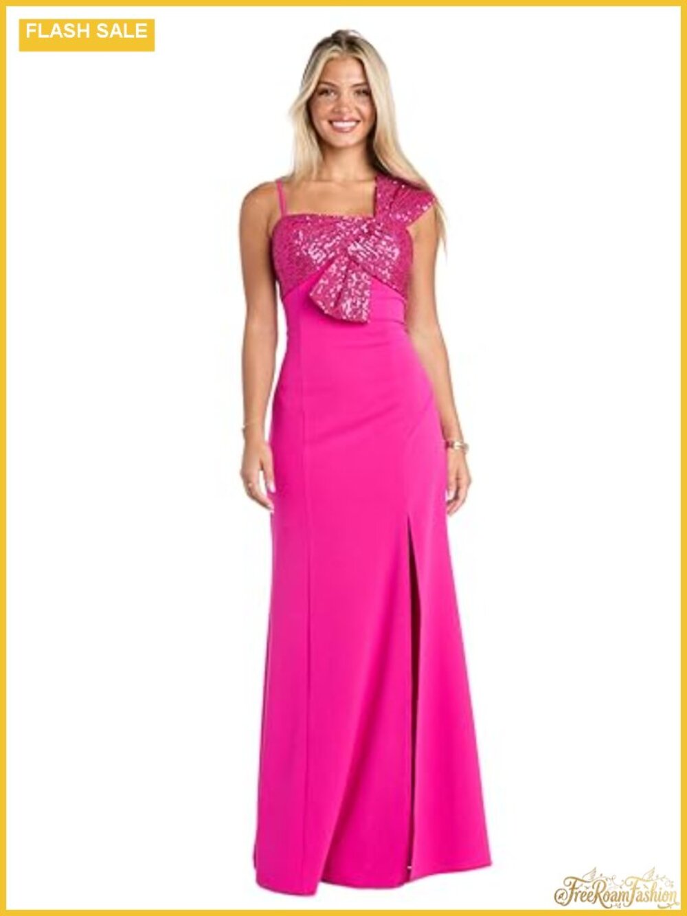 Sequin Bow One Shoulder Maxi Dress with Slit Scuba Crepe Prom Gown